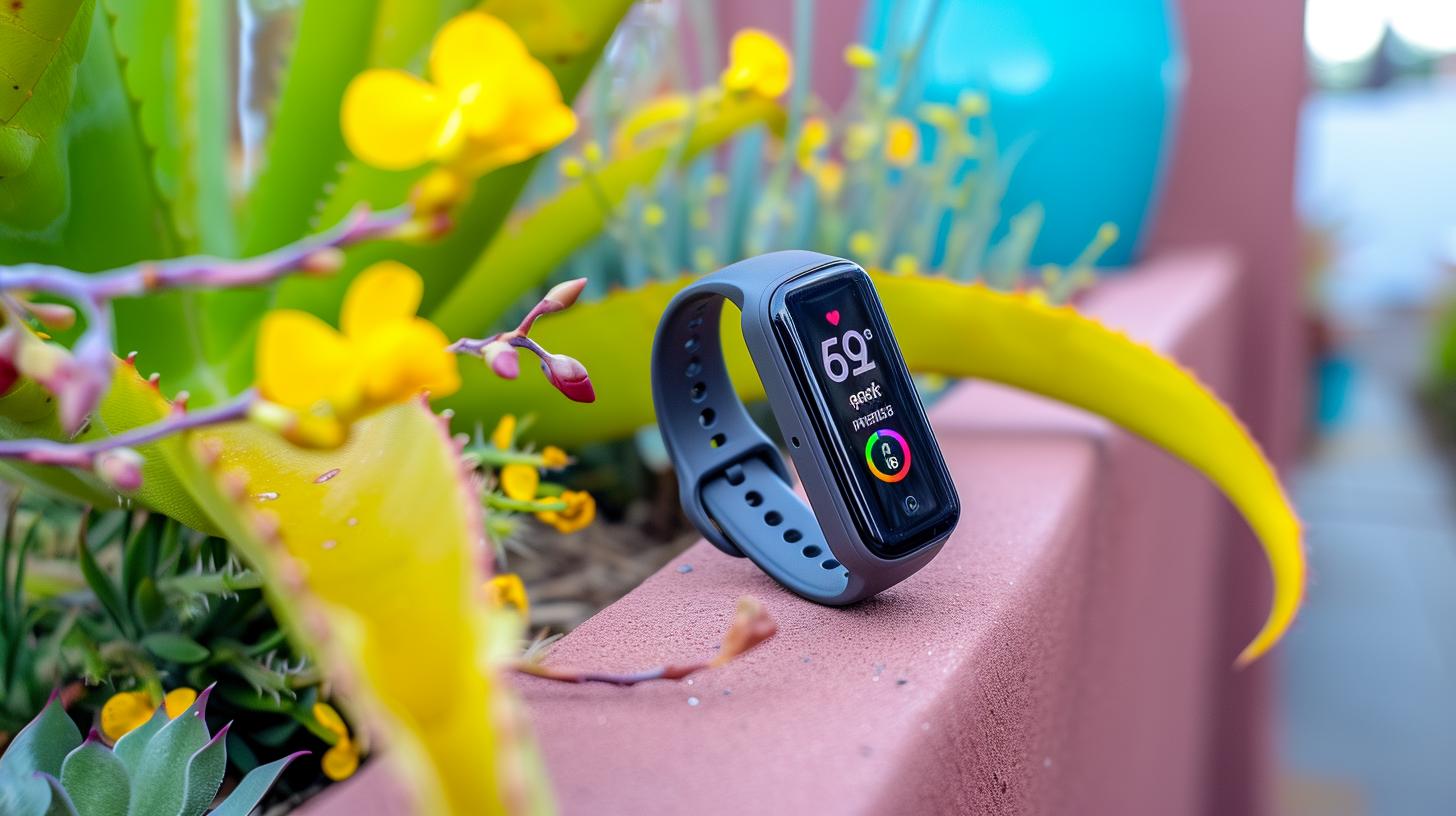 Fitbit Charge 5 display showing heart rate and step count