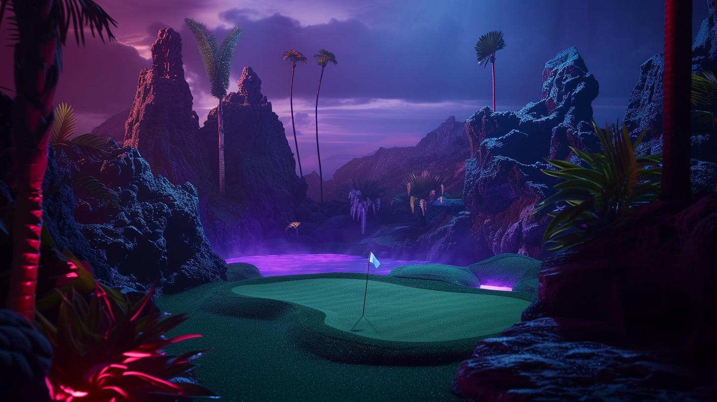 Colorful neon lights illuminate LETS GLOW MINI GOLF course at night
