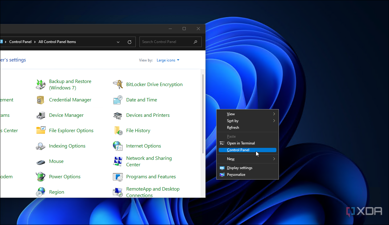 Windows 11 Control Panel context menu